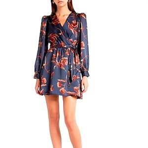 Express Floral Satin Tie Waist Long Sleeve dress